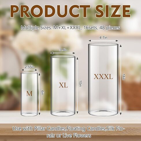 48 Pcs Glass Cylinder Vase Bulk Clear Different Sizes Candle Holder Decorative Centerpiece for Wedding Reception Home Flowers Modern Serene Spaces Living Glass Vases (4'', 6'', 8'' High) in Saudi Arabia