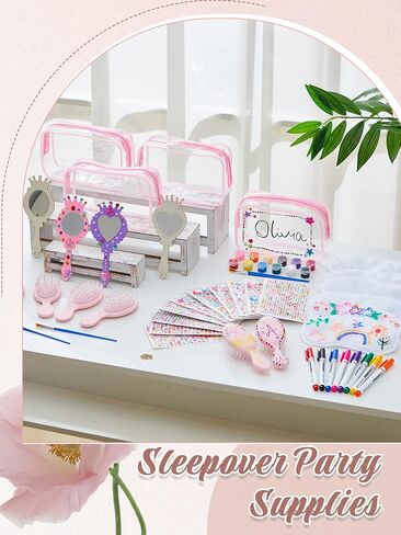 Weysat 66 Pcs Sleepover Party Supplies, 8 Eye Mask 8 Cosmetic Bag 8 Mini Hair Brush 8 Wooden Mirror 10 Gem Sticker 8 Acrylic Paint Strip Brush 8 Fabric Marker for Slumber Spa Birthday Party Supplies in Saudi Arabia