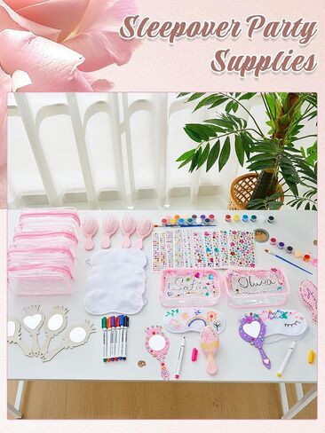 Weysat 66 Pcs Sleepover Party Supplies, 8 Eye Mask 8 Cosmetic Bag 8 Mini Hair Brush 8 Wooden Mirror 10 Gem Sticker 8 Acrylic Paint Strip Brush 8 Fabric Marker for Slumber Spa Birthday Party Supplies in Saudi Arabia