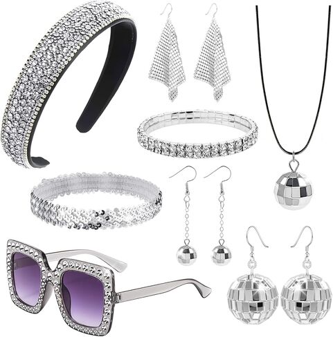 8Pcs 70s Disco Accessories for Women Disco Costume Jewelry Set Rhinestone Headbands Sequin Scarf Earrings Sunglasses Headband Rhinestone Bracelet Disco Ball Earrings Necklace in Saudi Arabia