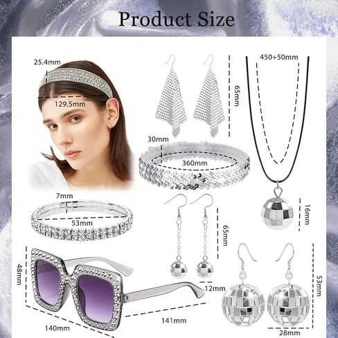 8Pcs 70s Disco Accessories for Women Disco Costume Jewelry Set Rhinestone Headbands Sequin Scarf Earrings Sunglasses Headband Rhinestone Bracelet Disco Ball Earrings Necklace in Saudi Arabia