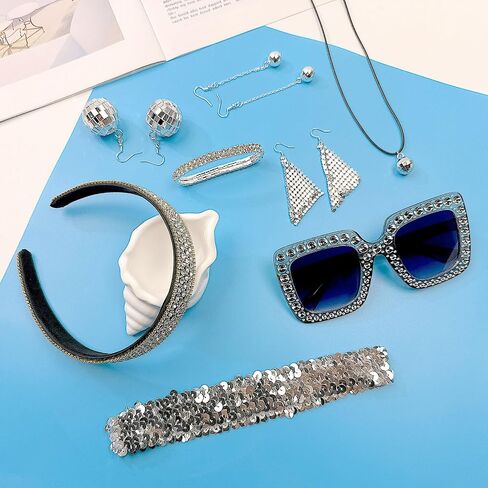8Pcs 70s Disco Accessories for Women Disco Costume Jewelry Set Rhinestone Headbands Sequin Scarf Earrings Sunglasses Headband Rhinestone Bracelet Disco Ball Earrings Necklace in Saudi Arabia
