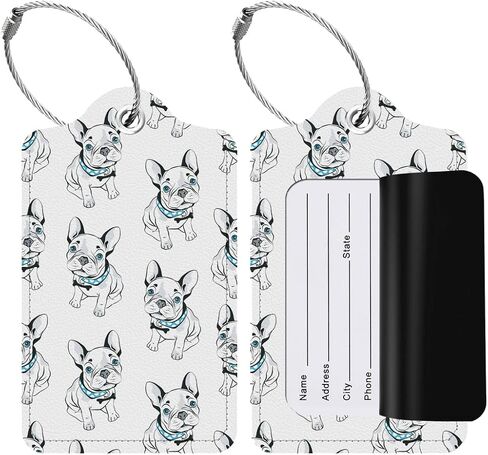 Pack of 2, Vegan Leather Luggage Tags (French Bulldog Pattern) Suitcase ID Tags with Privacy Cover for Baggage, Backpack, Travel Bag, Kids, Women, Men in Saudi Arabia