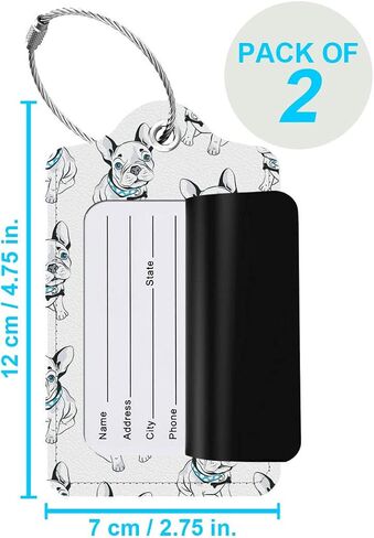 Pack of 2, Vegan Leather Luggage Tags (French Bulldog Pattern) Suitcase ID Tags with Privacy Cover for Baggage, Backpack, Travel Bag, Kids, Women, Men in Saudi Arabia