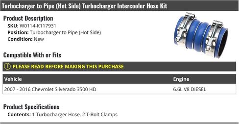 Turbocharger to Pipe Hot Side Turbo Intercooler Hose Kit - Compatible with 2007-2016 Chevy Silverado 3500 HD 6.6L V8 Diesel in Saudi Arabia