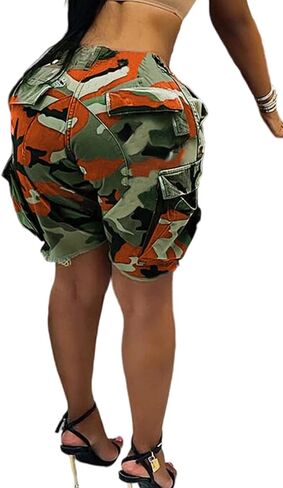Huisifang Women Cargo Shorts مرنة الخصر غير الرسمي الفضفاضة عالية الخصر بخصر مع جيوب الشوارع in Kuwait