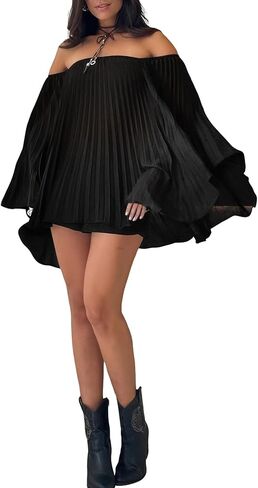 Annystore Women 2 Piece Outfits Pleated Shorts Sets Off Shoulder Bell Sleeve Oversized Shirts Biker Short Pants Streetwear in Saudi Arabia