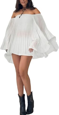 Annystore Women 2 Piece Outfits Pleated Shorts Sets Off Shoulder Bell Sleeve Oversized Shirts Biker Short Pants Streetwear in Saudi Arabia