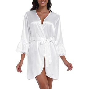 رداء الساتين للسيدات القصيرة الدانتيل القطع الحرير كيمونو العروس رداء العروس مع 3/4 كم ملابس نوم مثير in Kuwait