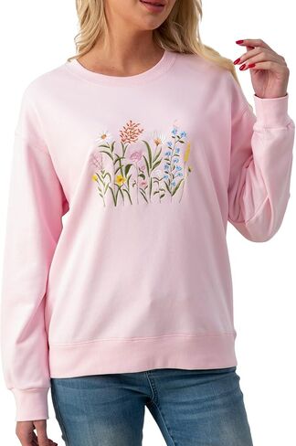 Wildflower Botany Embroidered Oversized Sweatshirt for Women, Soft French Terry Cotton Crew Neck Sweater in Saudi Arabia