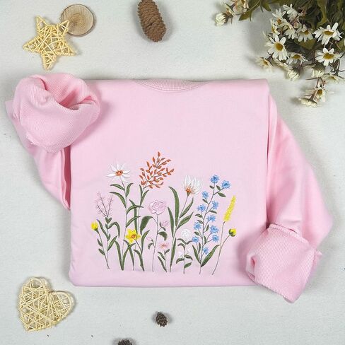 Wildflower Botany Embroidered Oversized Sweatshirt for Women, Soft French Terry Cotton Crew Neck Sweater in Saudi Arabia