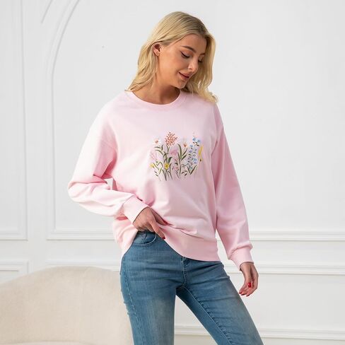 Wildflower Botany Embroidered Oversized Sweatshirt for Women, Soft French Terry Cotton Crew Neck Sweater in Saudi Arabia