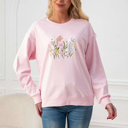 Wildflower Botany Embroidered Oversized Sweatshirt for Women, Soft French Terry Cotton Crew Neck Sweater in Saudi Arabia