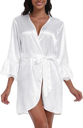Women's Satin Robe Short Lace Trim Silk Kimono Bride Bridesmaids Robe with 3/4 Sleeve Sexy Sleepwear in Kuwait