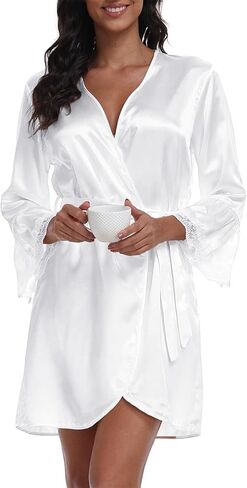 Women's Satin Robe Short Lace Trim Silk Kimono Bride Bridesmaids Robe with 3/4 Sleeve Sexy Sleepwear in Kuwait