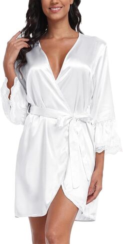Women's Satin Robe Short Lace Trim Silk Kimono Bride Bridesmaids Robe with 3/4 Sleeve Sexy Sleepwear in Kuwait