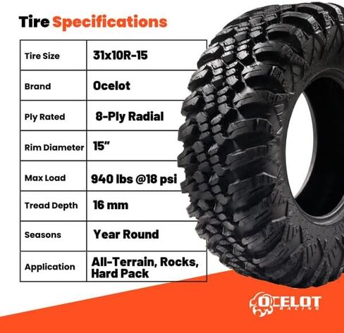 Ocelot Aurora ATV UTV Tire 31 x 10R–15 For All Terrain Style Riding, Durable 8-Ply Radial Construction and Non-Directional Tread Pattern with Thick lugs for Diverse Terrain and Conditions in Saudi Arabia