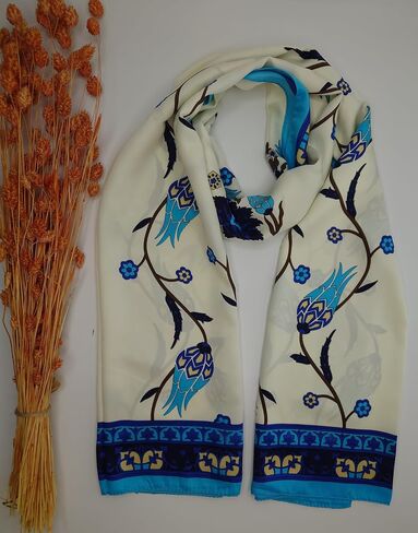 MutluHan Turkish Scarf - 100% Silk Tulip Design | Navy Blue Turquoise | Luxurious and Comfortable Women’s Scarf, Perfect for Gifts and Special Occasions, Suitable for Daily, Evening and Office Wear in Kuwait
