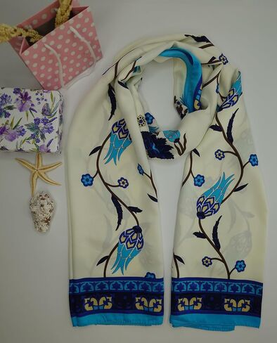 MutluHan Turkish Scarf - 100% Silk Tulip Design | Navy Blue Turquoise | Luxurious and Comfortable Women’s Scarf, Perfect for Gifts and Special Occasions, Suitable for Daily, Evening and Office Wear in Kuwait