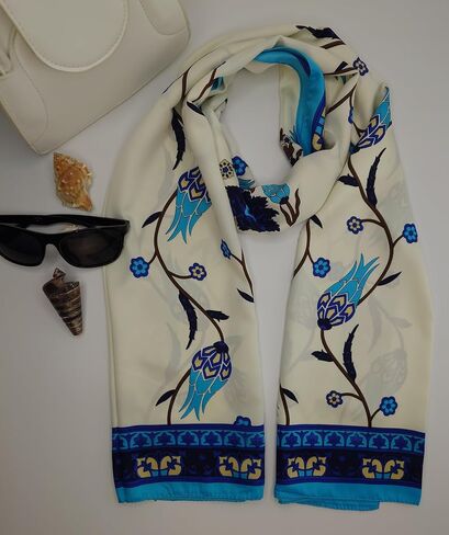 MutluHan Turkish Scarf - 100% Silk Tulip Design | Navy Blue Turquoise | Luxurious and Comfortable Women’s Scarf, Perfect for Gifts and Special Occasions, Suitable for Daily, Evening and Office Wear in Kuwait