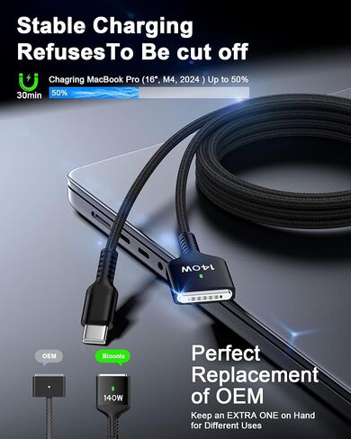 MacBook Air Charger Cord Pro ، USB-C إلى Magsafe 3 كابل ، 140 واط 6 أقدام Apple Cable Cable Mag Safe 3 Matchet in Kuwait