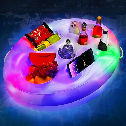 حامل مشروبات بيكمش قابل للنفخ مع أضواء، 21 × 28 بوصة LED لون متغير، بار تقديم المشروبات العائمة للمشروبات، حامل مشروبات عائمة لحمام السباحة، ملحقات حوض الاستحمام الساخن لحفلة البالغين in Kuwait