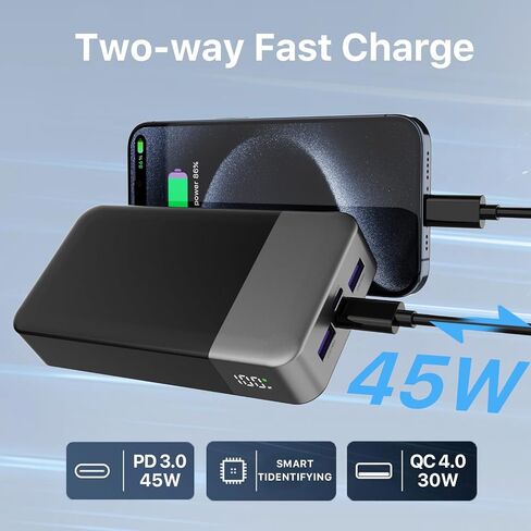NOBIS Portable Charger 45W 20000mAh Power Bank Fast Charging | 2C+2A Battery Pack with C to C Cable, Battery Bank with Digital Display for iPhone Android Laptop etc in Kuwait