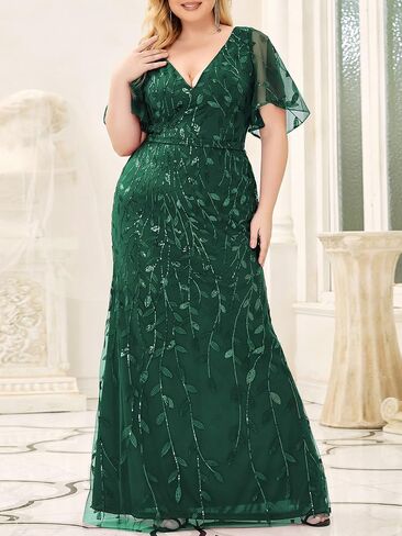 باستمرار pretty plus womens v-neck requin تطريز Mermaid Maxi بالإضافة إلى الحجم الفستان الرسمي المسائي 00692-DA in Saudi Arabia