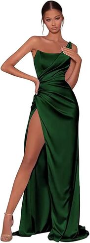 One Shoulder Satin Bridesmaid Dress for Women Teens Long Prom Dresses with Slit Pleated Formal Party Gowns in Saudi Arabia