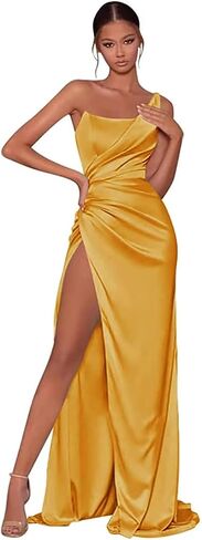 One Shoulder Satin Bridesmaid Dress for Women Teens Long Prom Dresses with Slit Pleated Formal Party Gowns in Saudi Arabia