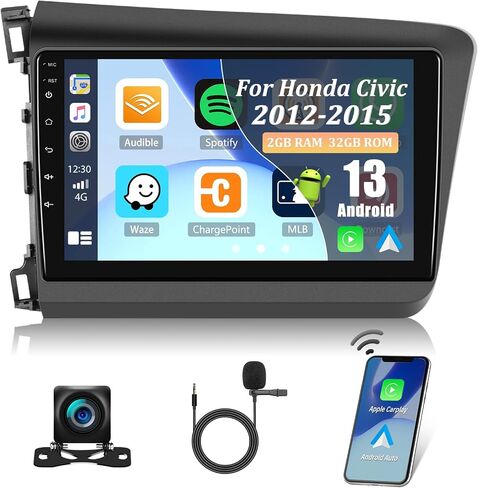 2G+32GAndroid 13 ستيريو سيارة لهوندا سيفيك 2012-2015 مع Apple Carplay Android Auto، راديو سيارة بشاشة لمس عالية الدقة 9 بوصة مع وصلة مرآة، واي فاي GPS، بلوتوث FM/RDS SWC+AHD كاميرا خلفية in Saudi Arabia