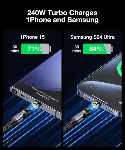 A.S Gen3 USB C كابل الشحن المغناطيسي 240W (أبيض ، 3.3 قدم/6 قدم) ، 9pin USB C إلى USB C كابل الشاحن المغناطيسي/360 و 180 كابل شاحن الهاتف المغناطيسي للهاتف 15/M-BOOD in Kuwait