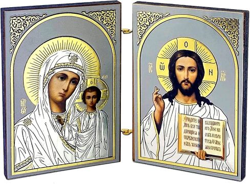 Needzo Christ the Teacher and Virgin Mary of Kazan Icon Diptych Orthodox Catholic Christian Icons 5 1/4 Inch, Silver Gold Foil in Saudi Arabia