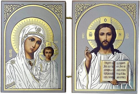 Needzo Christ the Teacher and Virgin Mary of Kazan Icon Diptych Orthodox Catholic Christian Icons 5 1/4 Inch, Silver Gold Foil in Saudi Arabia