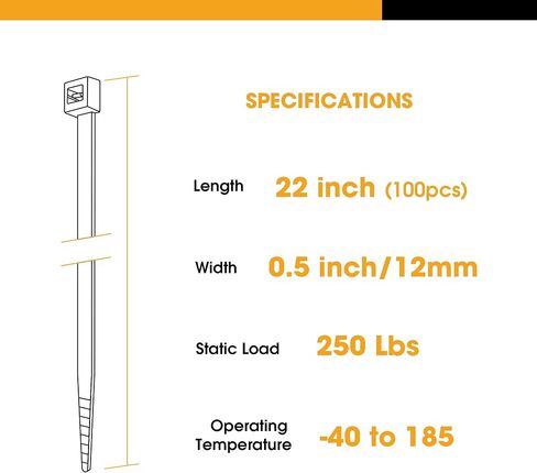 zip ties heavy duty ، 22+12 بوصة 100pcs صناعة الكابلات الصناعة ， 250 رطلا قوة الشد 0.5 بوصة ， علاقات سلكية كبيرة قابلة للتعديل لفات النايلون للداخلية في الهواء الطلق in Kuwait