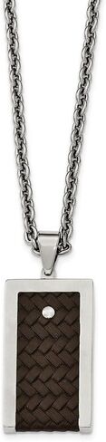 Solid Stainless Steel Reversible Brushed and Polished Brown Leather Necklace in Saudi Arabia