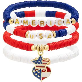 MALOYANVE 4th of July Bracelets for Women Men Red White Blue Bracelets USA Clay Bead Bracelet American Flag Bracelets Patriotic Beaded Stackable Bangle Summer Beach Heishi Surfer Bracelet Set 4th of july Accessories Independence Day Gifts in Kuwait