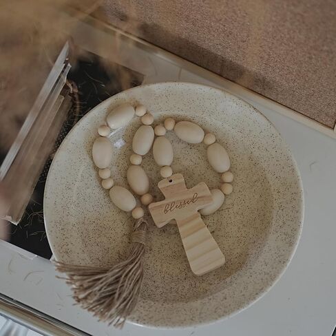 Wood Bead Garland with Blessed Cross, Blessing Beads with Wooden Cross, Beaded Cross Decor, Decorative Beads for Farmhouse Decor in Kuwait