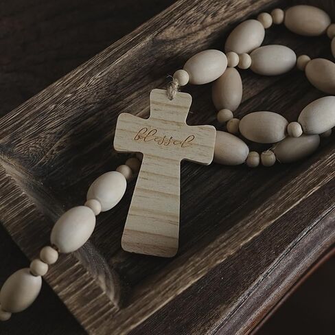 Wood Bead Garland with Blessed Cross, Blessing Beads with Wooden Cross, Beaded Cross Decor, Decorative Beads for Farmhouse Decor in Kuwait