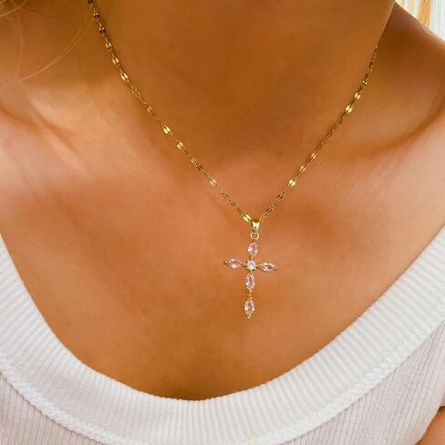 Cross Necklace for Women Diamond Cross Pendant Necklace Cubic Zirconia Crystal Birthstone Cross Necklace Religious Gifts for Women in Kuwait