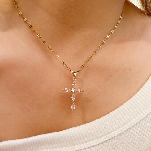 Cross Necklace for Women Diamond Cross Pendant Necklace Cubic Zirconia Crystal Birthstone Cross Necklace Religious Gifts for Women in Kuwait