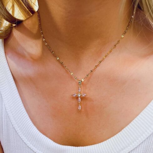 Cross Necklace for Women Diamond Cross Pendant Necklace Cubic Zirconia Crystal Birthstone Cross Necklace Religious Gifts for Women in Kuwait