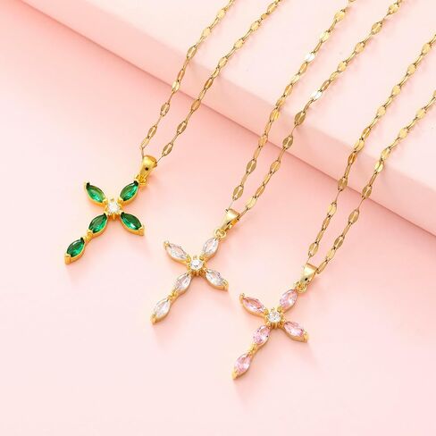 Cross Necklace for Women Diamond Cross Pendant Necklace Cubic Zirconia Crystal Birthstone Cross Necklace Religious Gifts for Women in Kuwait