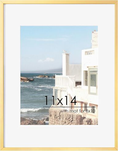 11x14 Picture Frame - 11 by 14 Metal Picture Frame With Mat For 8x10 | 14x11 Frame Aluminum | Plexiglass And Hanging Hardware Included | 11x14 Poster Frame | Gold in Kuwait