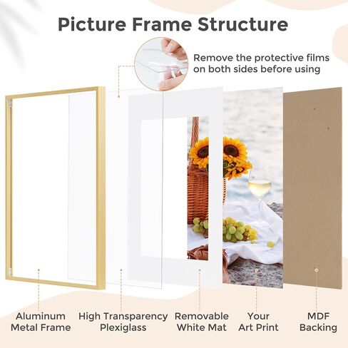 11x14 Picture Frame - 11 by 14 Metal Picture Frame With Mat For 8x10 | 14x11 Frame Aluminum | Plexiglass And Hanging Hardware Included | 11x14 Poster Frame | Gold in Kuwait