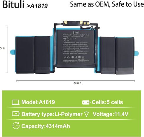 بطارية كمبيوتر محمول بديلة A1706 A1819 متوافقة مع Mac Book Pro 13 بوصة [أواخر عام 2016، منتصف عام 2017]، EMC 3071 3163 [11.41 فولت/4320 مللي أمبير] in Kuwait