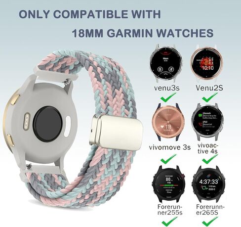 أحزمة ساعة مضفرة مغناطيسية متوافقة مع 18 ملم Garmin Vivoactive 4s/ Venu 2s/ Venu 3s/ Vivomove 3s / Forerunner 255S / Forerunner 265S، حزام من نسيج النايلون المرن القابل للتمدد للنساء والرجال in Kuwait