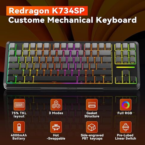 لوحة مفاتيح ميكانيكية لاسلكية Redragon ، 3-ODES Bluetooth Gasket Hot Swappable TKL RGB لوحة مفاتيح مخصصة ، مفاتيح مسبقة ، مفاتيح تدرج PBT المطبوعة الجانبية ، مقبس LEDS المواجهة الجنوب in Kuwait