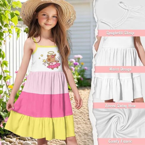 فستان الصيف الفتيات 3-14 Y Kids Nasual Spaghetti Strap Strap Tiered Midi Dresses Cute Twirly Skater Party Sundress in Kuwait