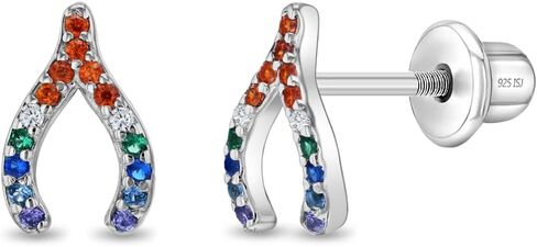 925 Sterling Silver Rainbow Multicolored Wishbone Safety Screw Back Earrings For Little Girls - Preteen Girls Wishbone Shaped Earrings in Saudi Arabia